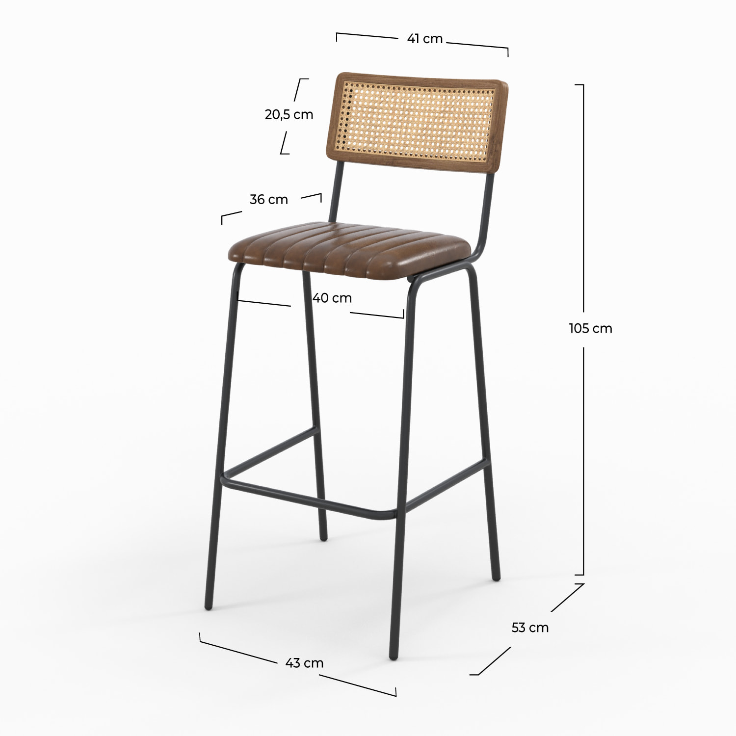 Lot de 2 chaises de bar 76 cm en cannage et cuir marron - Arsène