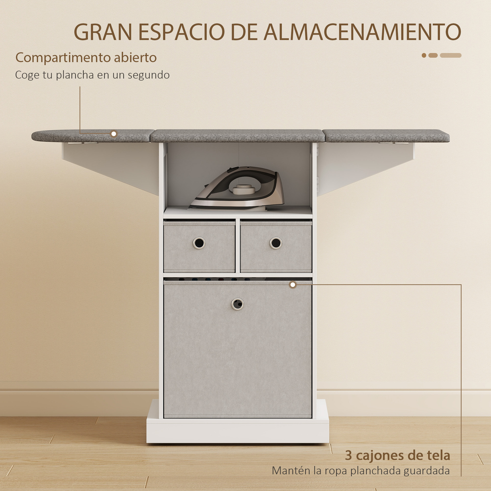 Mueble de Plancha con Ruedas, Tabla de Planchar Plegable, Mueble Planchador con 3 Cajones de Tela, Compartimento Abierto, 121x37x89,5 cm, Blanco