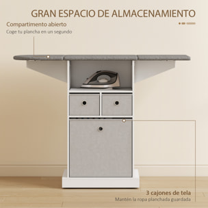 Mueble de Plancha con Ruedas, Tabla de Planchar Plegable, Mueble Planchador con 3 Cajones de Tela, Compartimento Abierto, 121x37x89,5 cm, Blanco