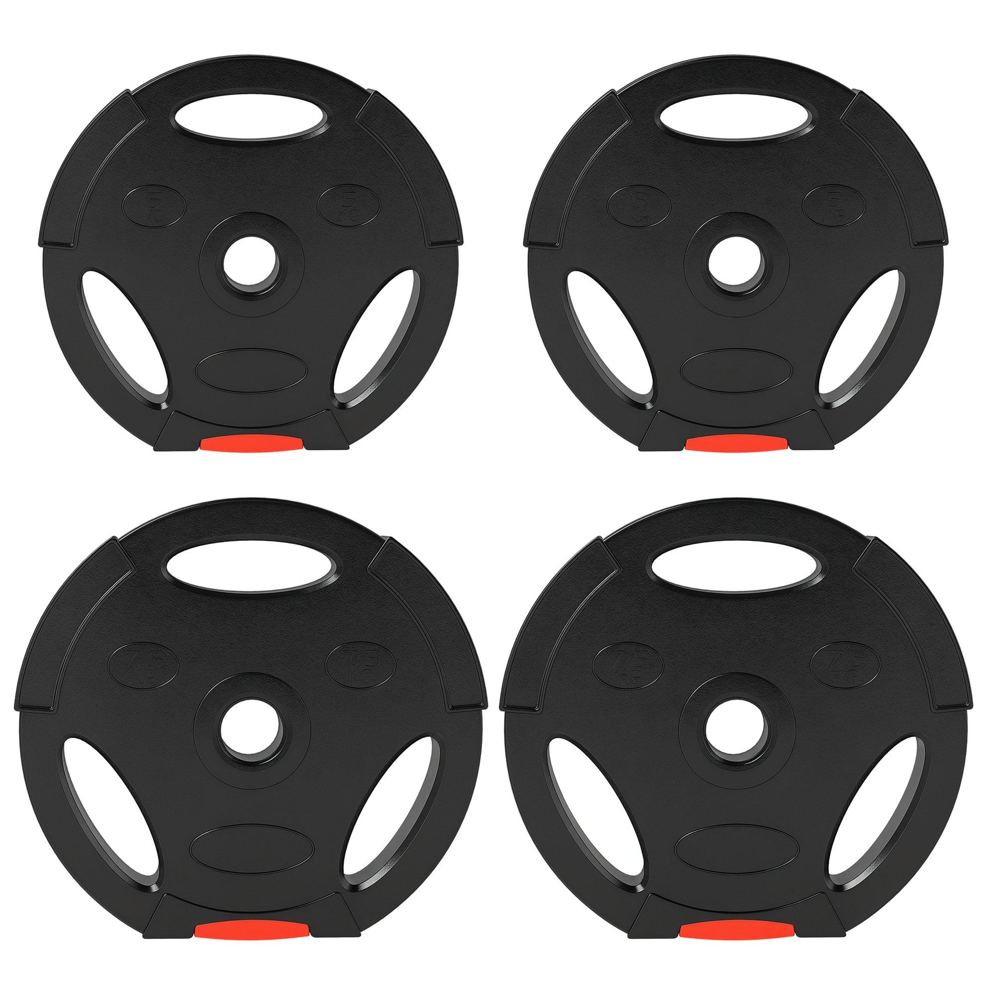 Disques de poids 2 x 5Kg + 2 x 7,5Kg - 3 poignées - trous de Ø25 mm - revêtement PP noir