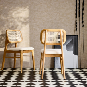 Lot de 2 chaises bois d'hévéa. cannage et tissu beige. bohème. L 43 x P 55 x H 81cm