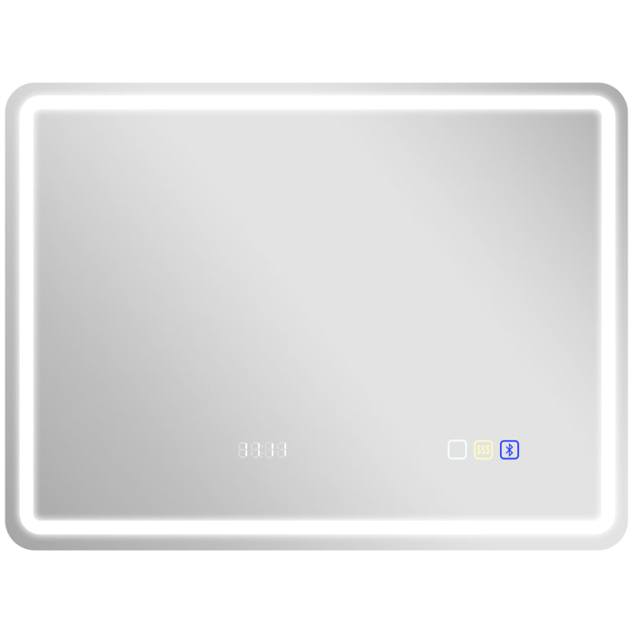 Miroir lumineux LED salle de bain Bluetooth 60x80cm - horloge numérique, antibuée, tactile, réglable - verre trempé 4 mm