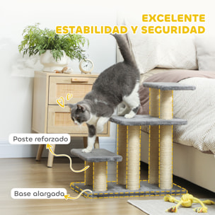 Escalera para Gatos de 3 Peldaños, Escalera para Mascotas, Estructura Ajustable, con Postes Rascadores, Bola Colgante, Carga 10 kg, para Cama, Sofá, 52x34,5x54 cm, Gris