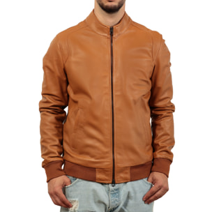 Giubbino in vera pelle di vitello color cuoio-Slim Fit