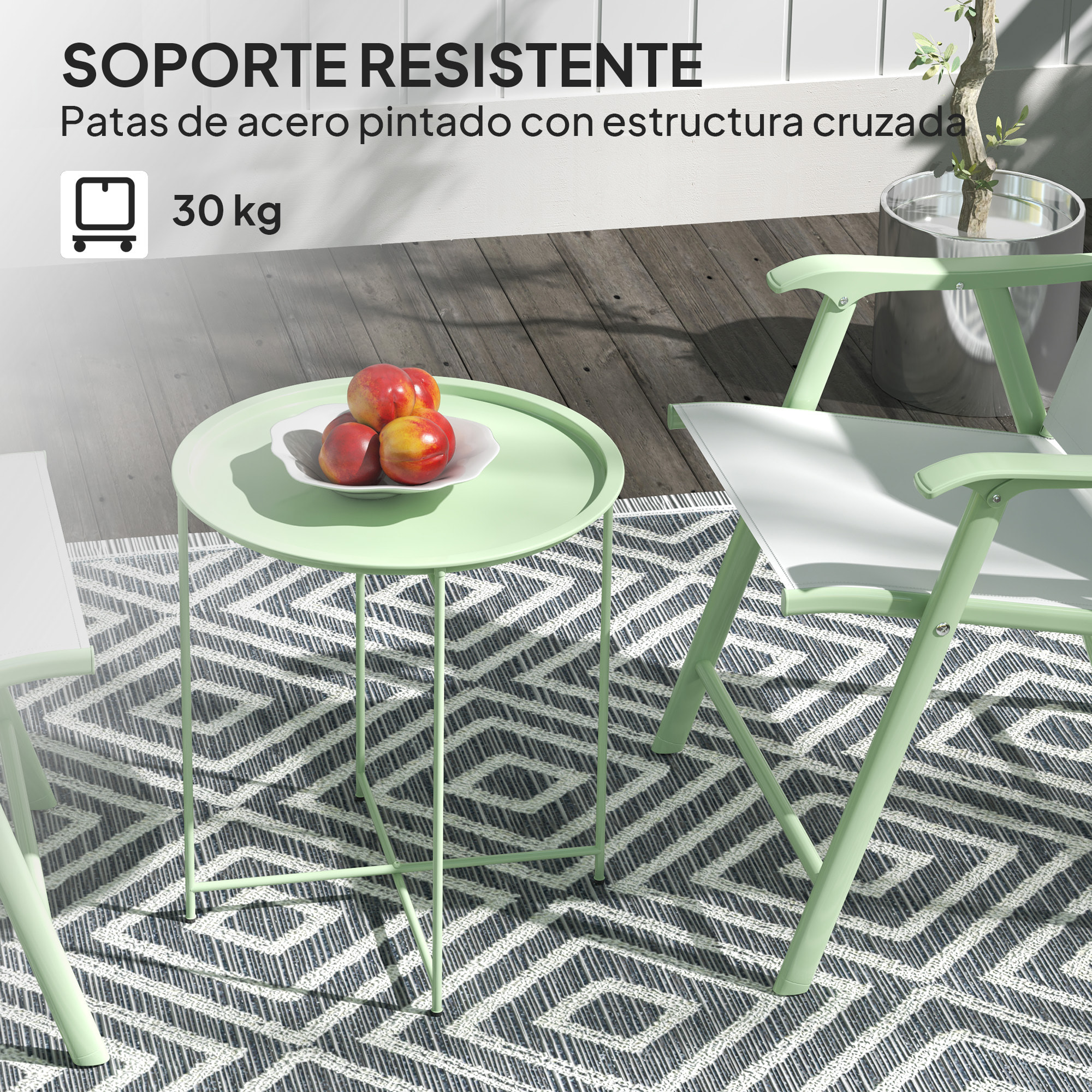 Mesa Auxiliar Redonda Mesa de Jardín Exterior con Bandeja Extraíble Patas Plegables Mesa para Exterior Terraza Patio Ø46x53 cm Verde