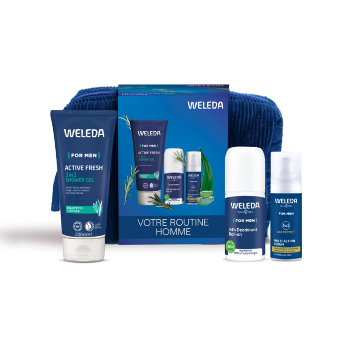 WELEDA - TROUSSE SOINS HYGIENE HOMME : Déodorant roll-on Homme - Sérum Multiaction 5en1 -  Gel Douche 3in1 Active Fresh - 50+30+200ml