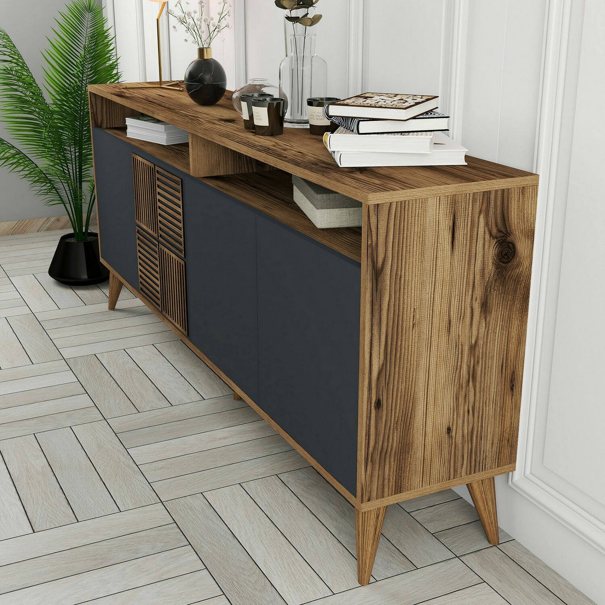 Consolle Jole, Credenza da soggiorno, Armadio basso per TV, Base parete attrezzata, 180x35 h79 cm, Noce e Antracite