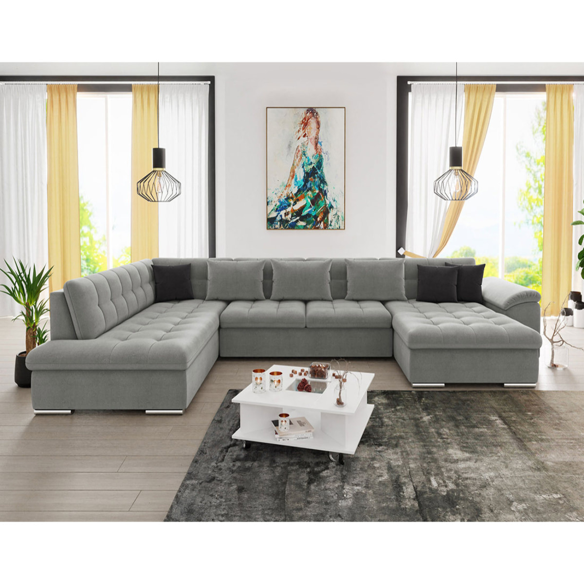 Chuck - canapé panoramique d'angle gauche XXL - convertible avec coffre - 7 places - Gris