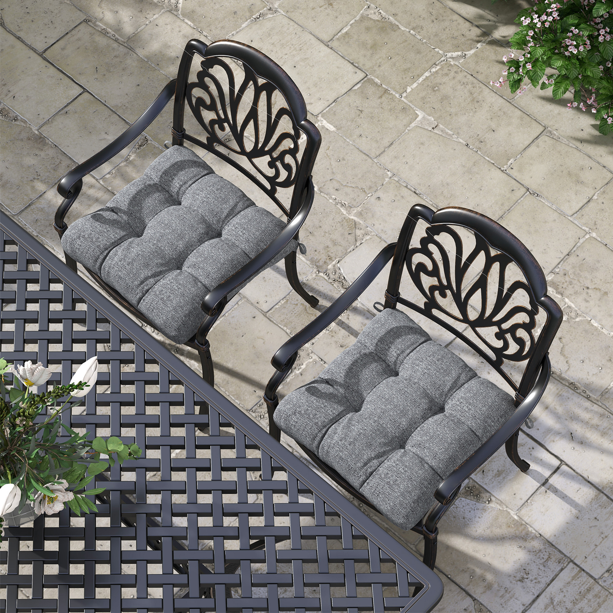 Conjunto de Cojines para Sillas de Comedor 48x48x10 cm Juego de 4 Piezas Cojines para Sillas de Jardín Impermeable y Anti-UV con 2 Cordones de Fijación Gris