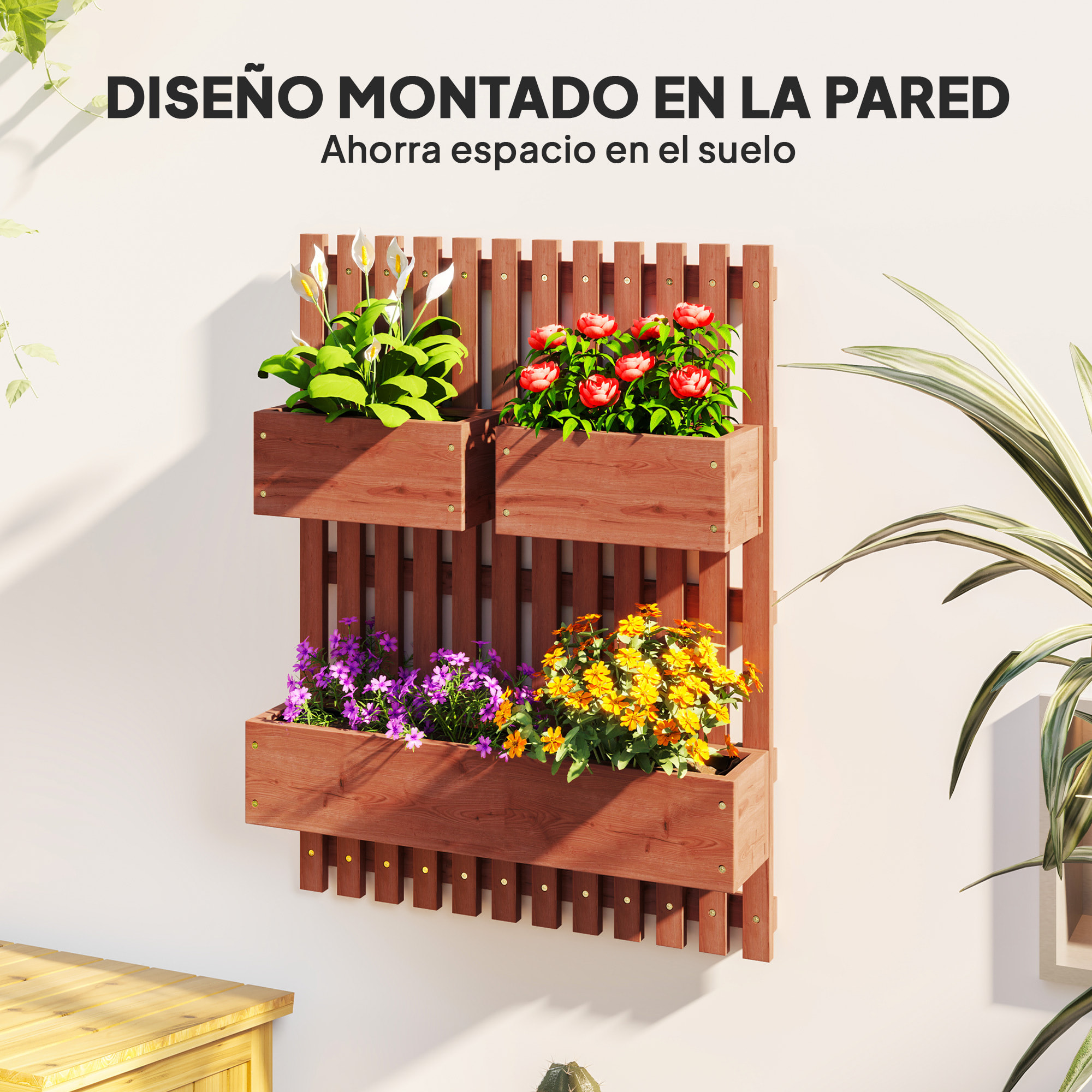 Jardinera de Pared con Enrejado, Jardinera Exterior Grande de Madera con 3 Macetas Móviles y Orificio de Drenaje, para Exterior, Jardín, Terraza, Patio, 60x16x80 cm, Marrón