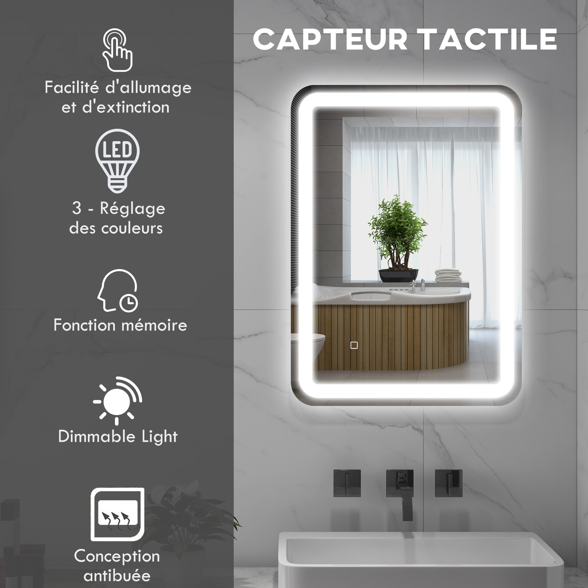 Miroir lumineux LED 35W antibué réglable interrupteur tactile dim. 50L x 4P x 70H cm