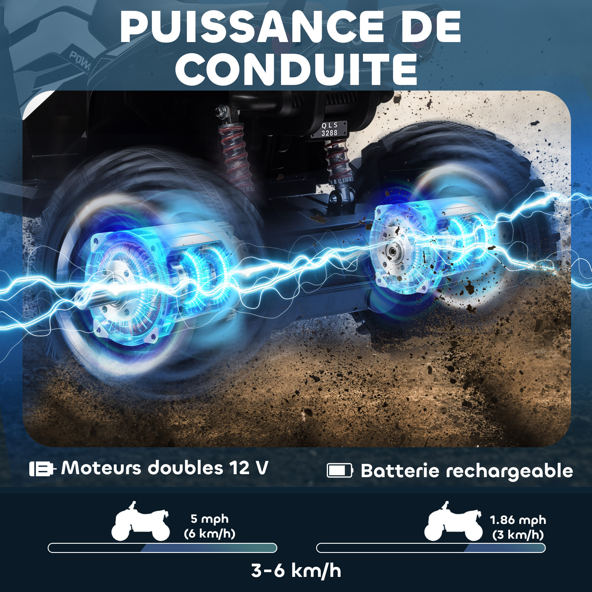 Voiture 4x4 quad buggy électrique enfant 12 V 5 Km/h max. effets lumineux sonores selle avec dossier porte-bagage avant métal PP blanc noir
