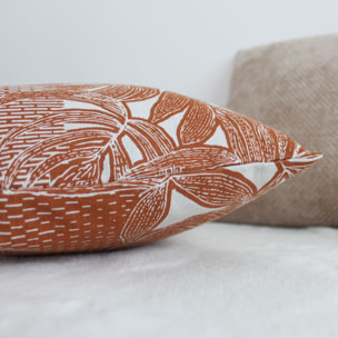 Coussin décoratif déhoussable motif feuillage tropical - Cuivre