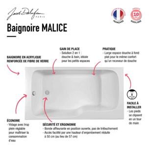Baignoire bain douche JACOB DELAFON Malice version droite + pare bain + étagère