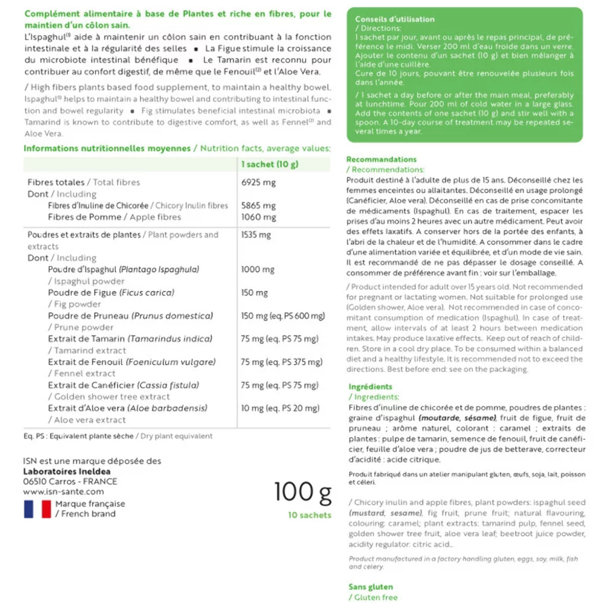 ISN - Detox Colon - Détoxifie naturellement & Purifie le Côlon - Soulage les Inconforts Intestinaux - Riche en Fibres et Plates - Sans Gluten - 10 sachets