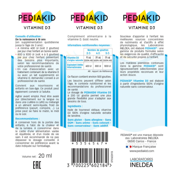 PEDIAKID - Vitamine D3 100% d'origine naturelle - Renforcement des défenses naturelles - Dès la naissance - Couvre 200% des apports journaliers recommandés - Lot de 3