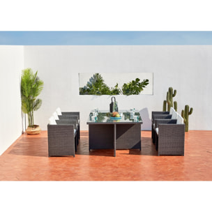 Table et chaises 6 places encastrables en résine gris-blanc REGINA