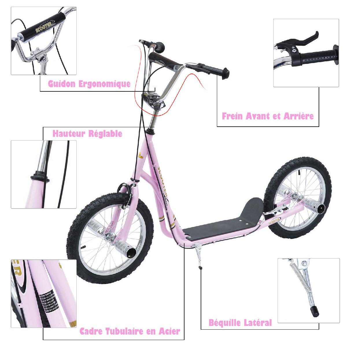 Trottinette patinette freestyle grandes roues pneumatiques Ø 41 cm avec pegs rose