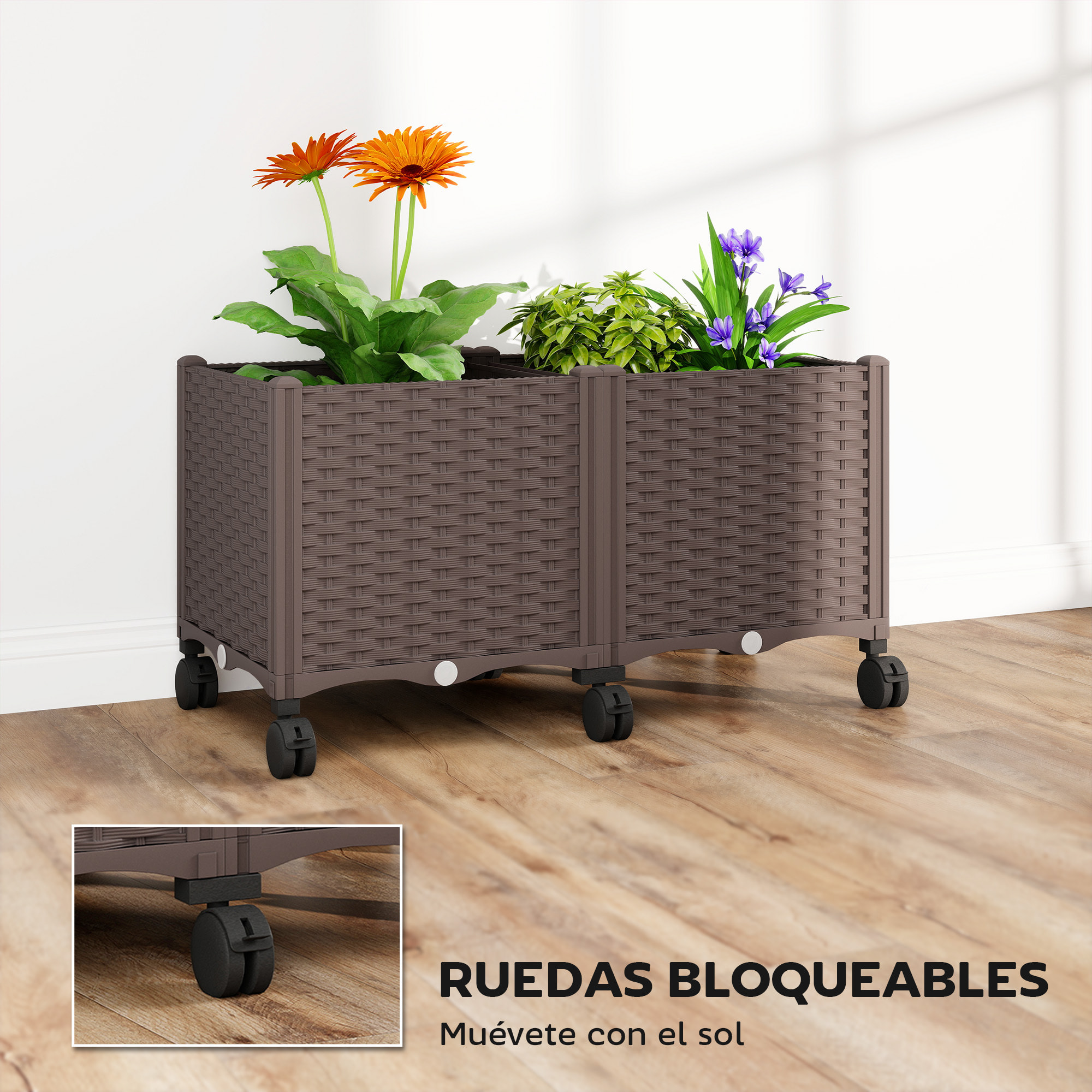 Jardinera Elevada con 6 Ruedas, Jardinera Exterior Móvil de Plástico con Riego Automático y Drenaje, Macetero Exterior para Cultivos, Plantas, Jardín, Terraza, 80x40x43 cm, Marrón