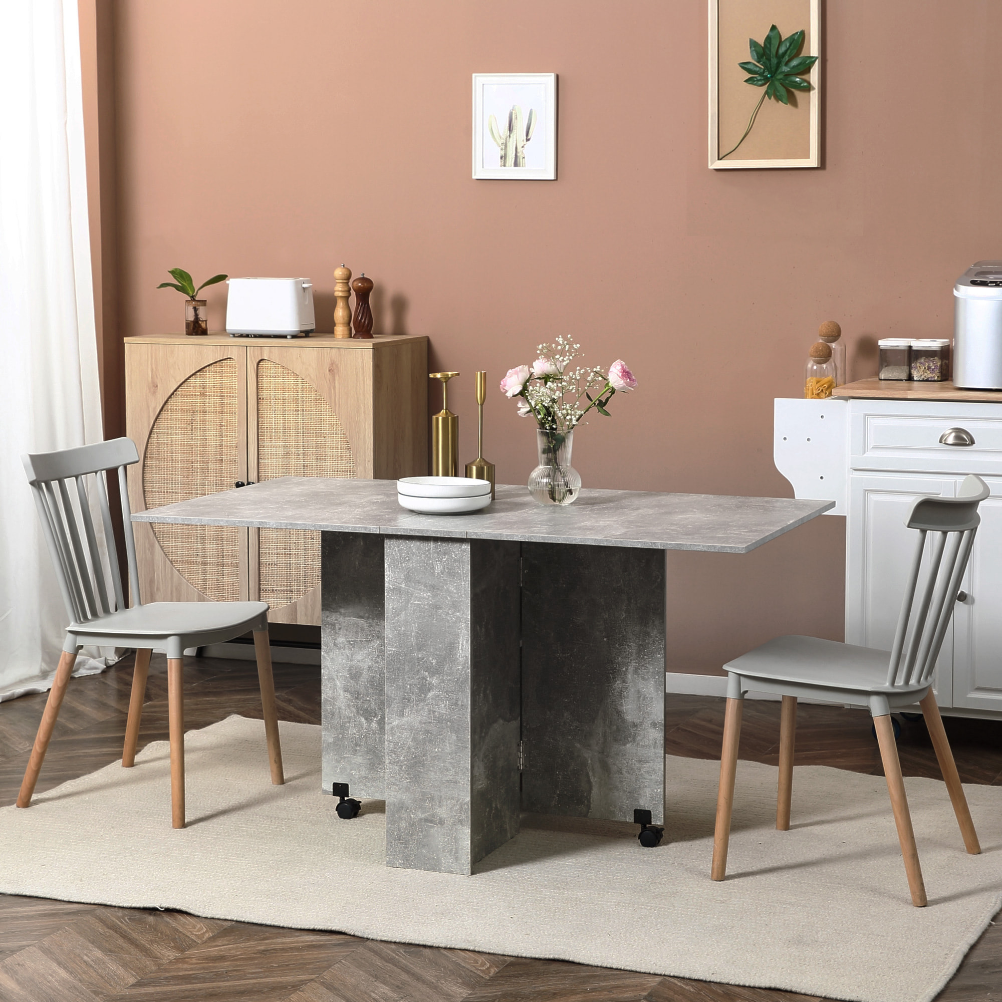 Mesa Plegable de Comedor Mesa de Cocina Plegable con Ruedas Alas Abatibles y Estantes Mesa Plegable para 4-6 Personas 75x140x74 cm Gris Cemento