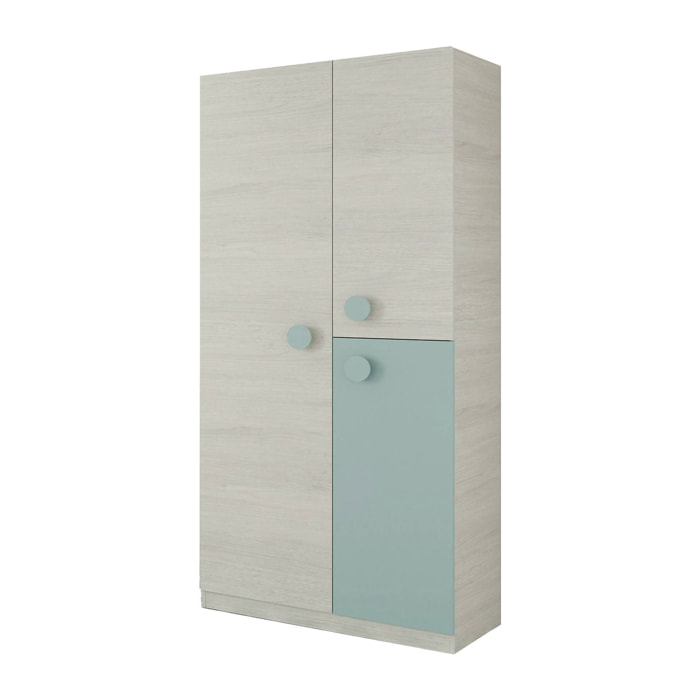 Guardaroba 3 ante Aronia, Armadio per cameretta, Mobile 3 ripiani con barra appendiabiti, 90x52h200 cm, Grigio e Verde acqua