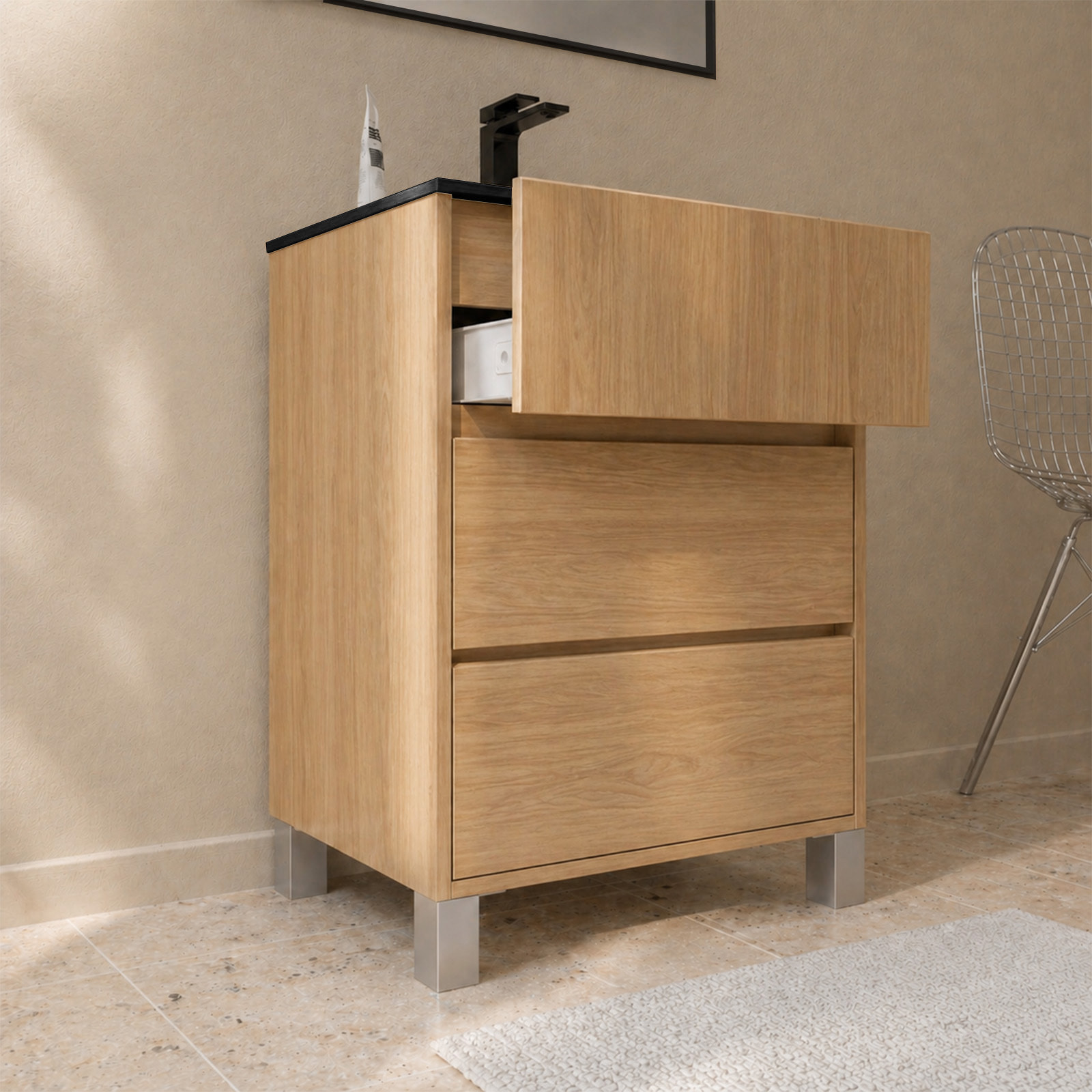 Meuble de Salle de Bains 50cm 3 tiroirs Chêne Clair, Vasque Noire et Miroir Cadre Noir 50x70 XENOS