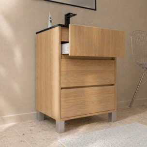 Meuble de Salle de Bains 50cm 3 tiroirs Chêne Clair, Vasque Noire et Miroir Cadre Noir 50x70 XENOS
