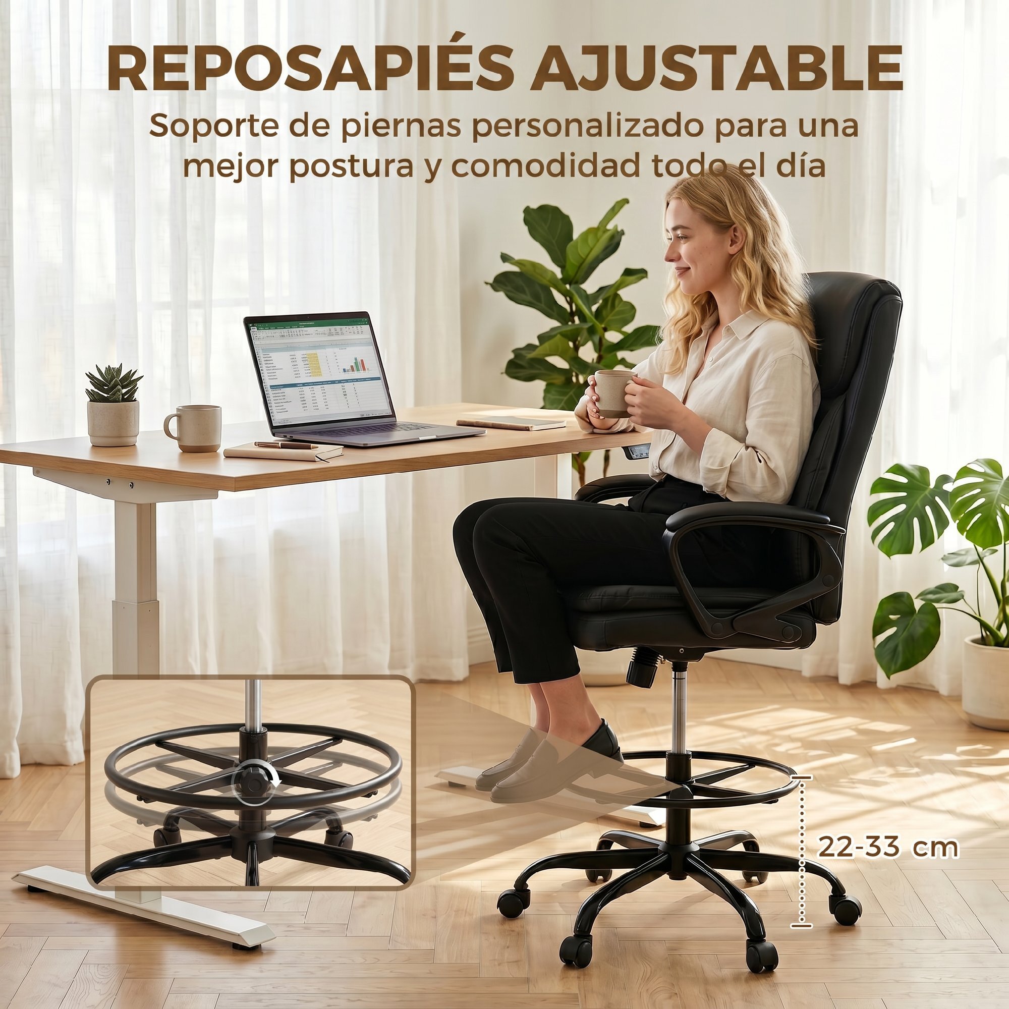 Silla de Escritorio Alta, Silla de Dibujo Ergonómica con Reposapiés Ajustable, Altura Regulable, Ruedas Giratorias, Tapizado en PVC para Oficina, Estudio, Negro