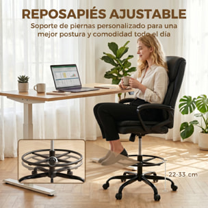 Silla de Escritorio Alta, Silla de Dibujo Ergonómica con Reposapiés Ajustable, Altura Regulable, Ruedas Giratorias, Tapizado en PVC para Oficina, Estudio, Negro