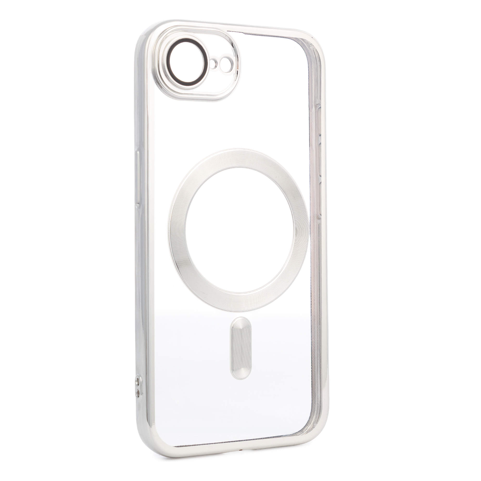 Custodia trasparente con fotocamera coperta, bordi argentati, antiurto e anti-impronte. Magsafe per iPhone 16e.