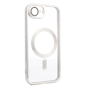 Custodia trasparente con fotocamera coperta, bordi argentati, antiurto e anti-impronte. Magsafe per iPhone 16e.