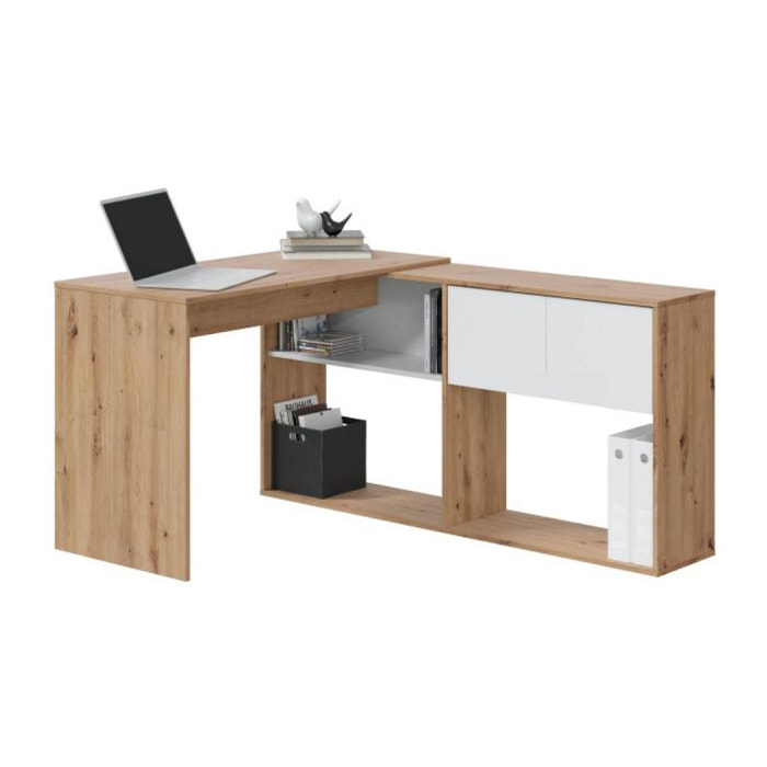 Mesa de escritorio con estantería Duo Blanco Artik (Blanco Mate) - Roble Nodi
