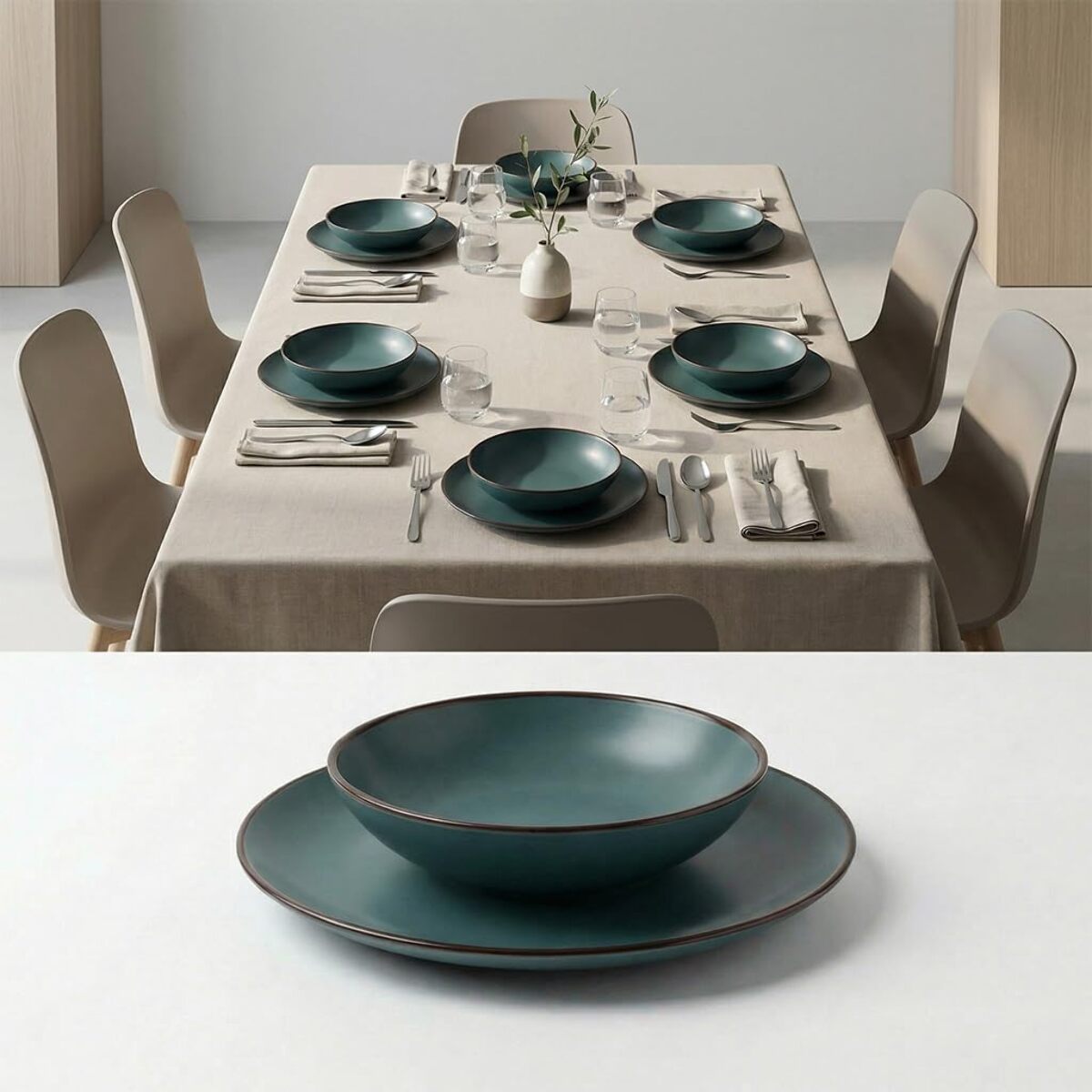 Set 12 Piatti in Ceramica, lavabile in lavastoviglie e adatto a microonde, Intrecci