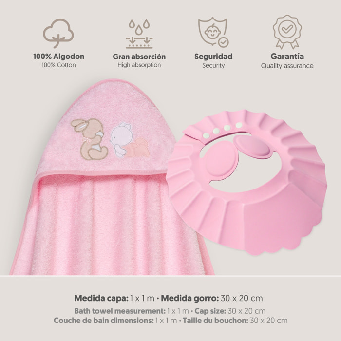 Capa Baño 1X1 Mod Oso Tumbado Conejito+Gorro Rosa