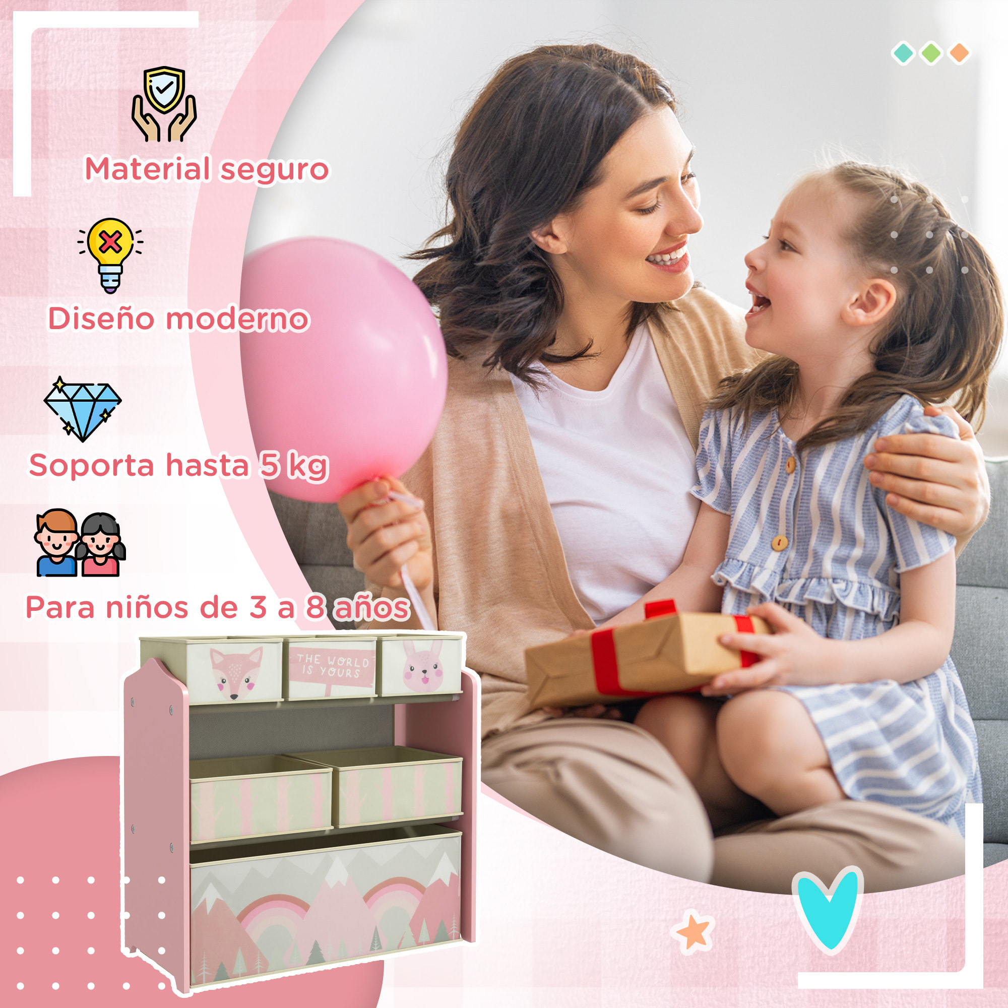 Estantería para Juguetes con 6 Cajas de Tela no Tejida Extraíbles Organizador de Juguetes para Niños de 3-8 Años para Dormitorio Guardería 63x30x66 cm Rosa