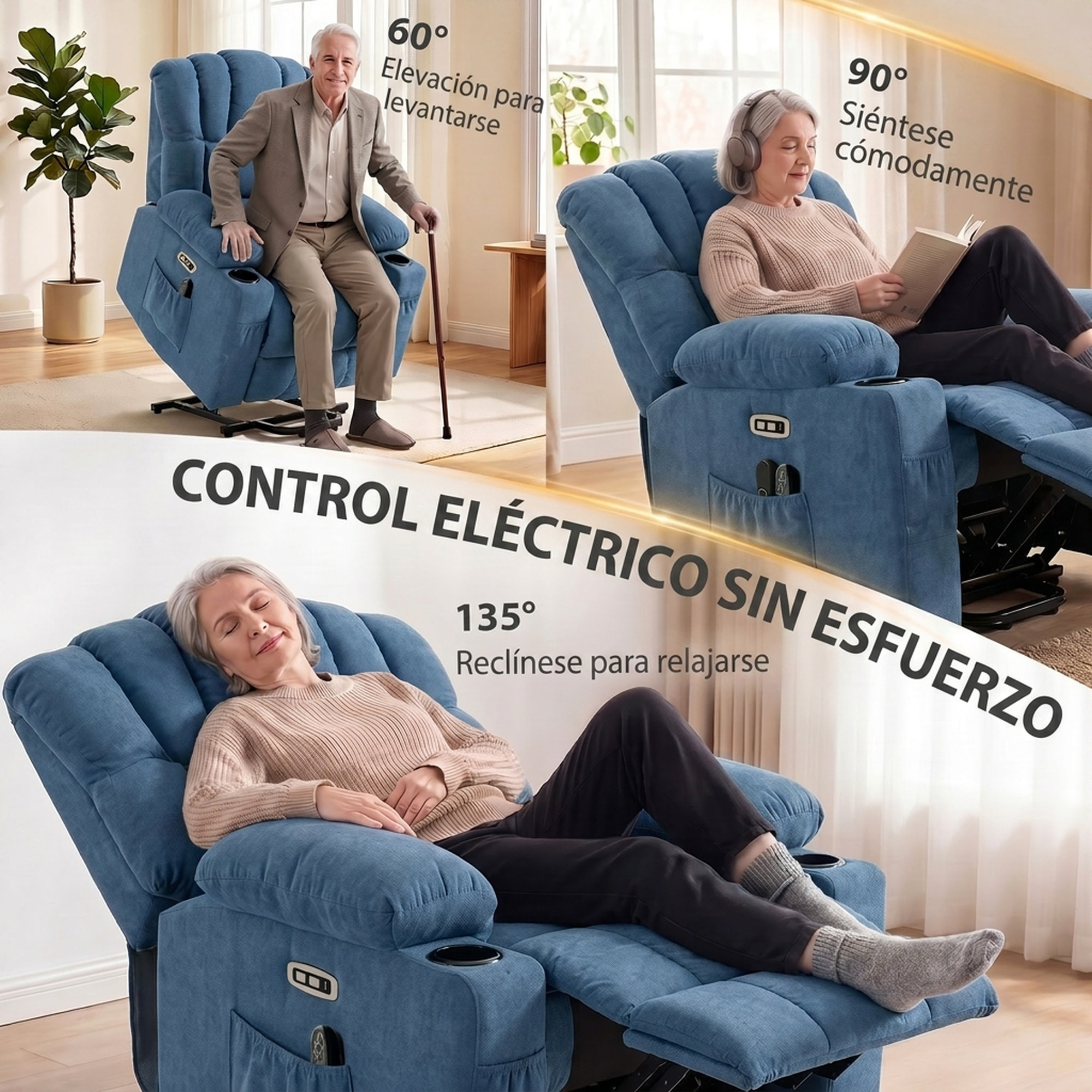 Sillón Relax Reclinable Eléctrico Levanta Personas Mayores con 8 Puntos Masaje Vibratorio y Calor, Sillón Elevador, Asiento Ancho, USB-C, USB-A, Bolsillos, Portavasos, Reposapiés, de Rizo Azul
