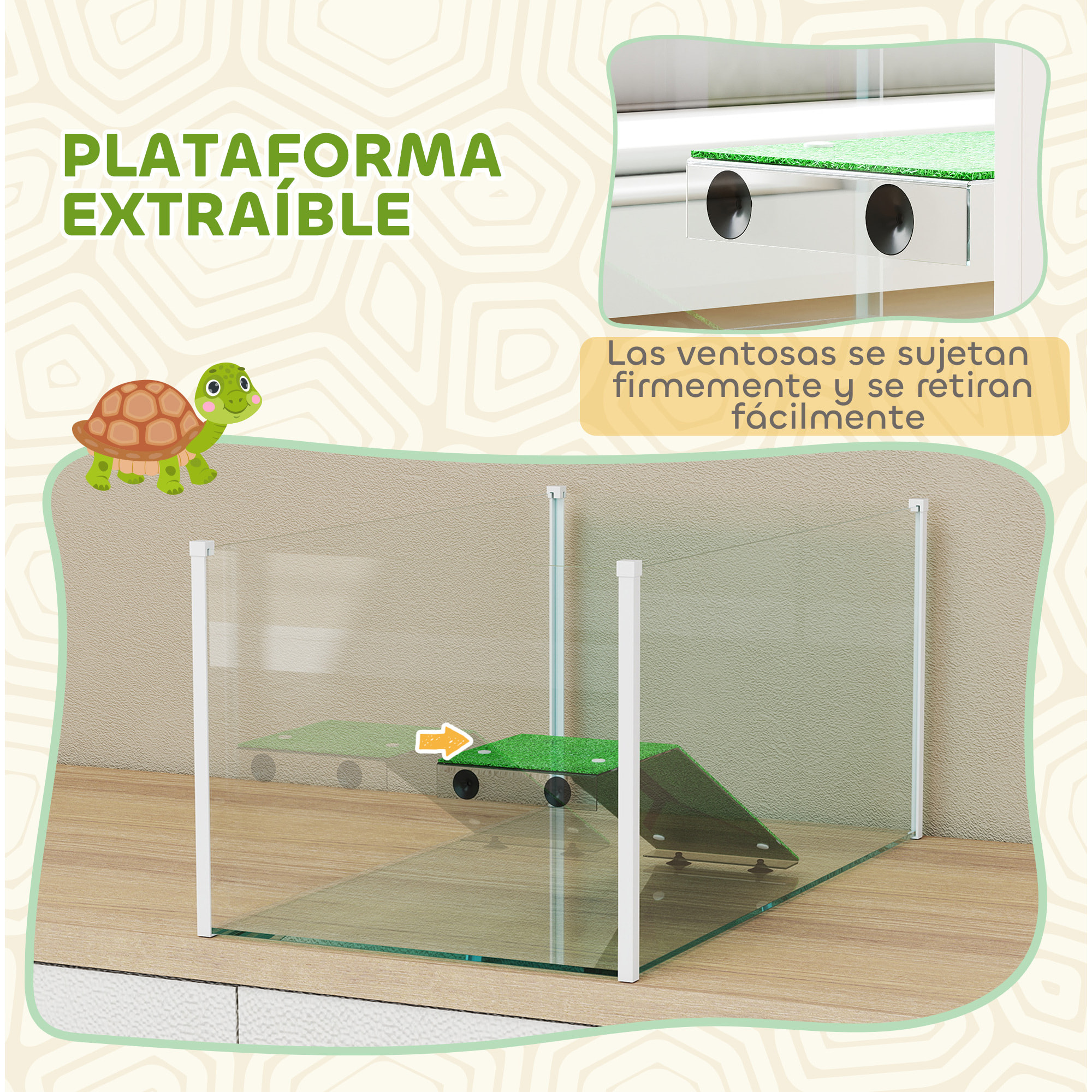 Acuario para Tortugas, Terrario de Tortugas con Plataforma y Rampa con Superficie de Césped Artificial, Vista Panorámica 360°, para Peces Pequeños, Camarones, 60x35x28 cm, Blanco