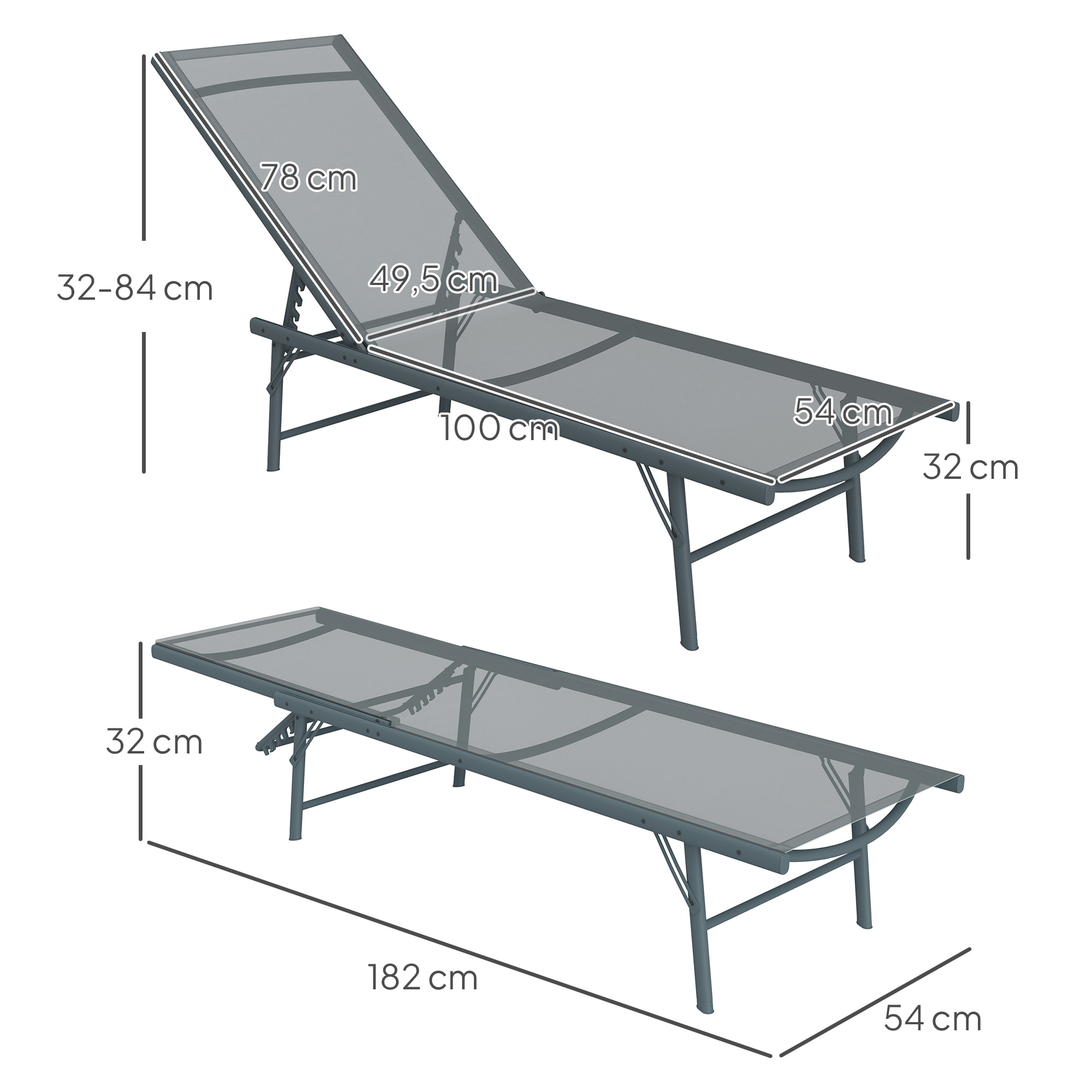 Pack de 2 Tumbonas Jardín Exterior Tumbonas Plegables Reclinables en 5 Posiciones con Estructura Metálica y Asiento de Malla Transpirable para Playa Piscina 164x54x84 cm Gris Claro