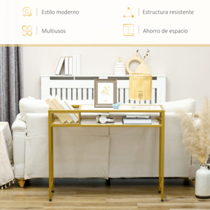 Mesa Consola Mesa de Entrada con Estante Cesta de Almacenamiento y Marco de Acero Mueble Recibidor para Salón Pasillo Carga 50 kg 100x30x80 cm Oro y Blanco