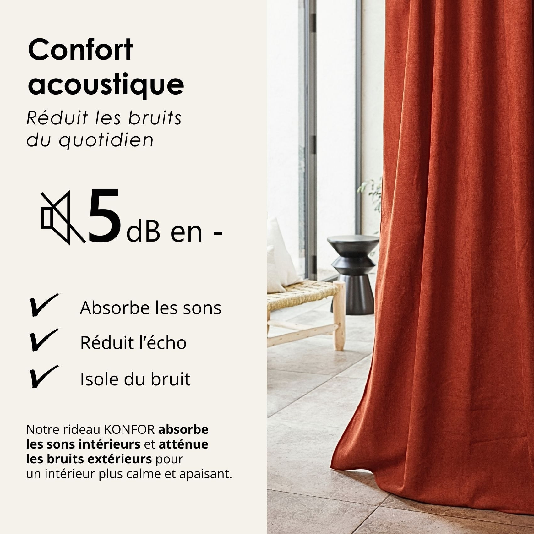 Rideau thermique phonique et semi occultant KONFOR - Terracotta