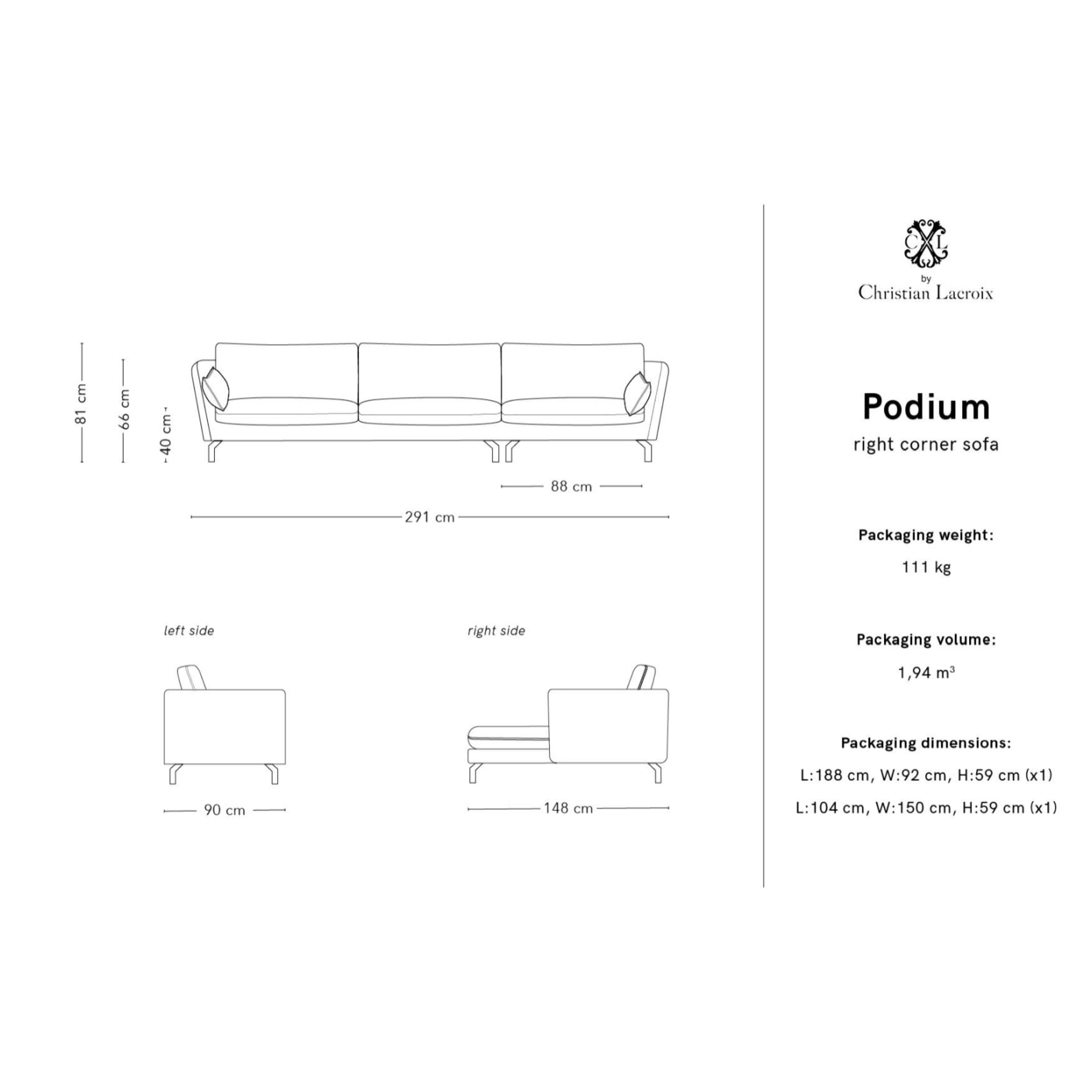 Canapé d'angle droit "Podium" 5 places en velours gris