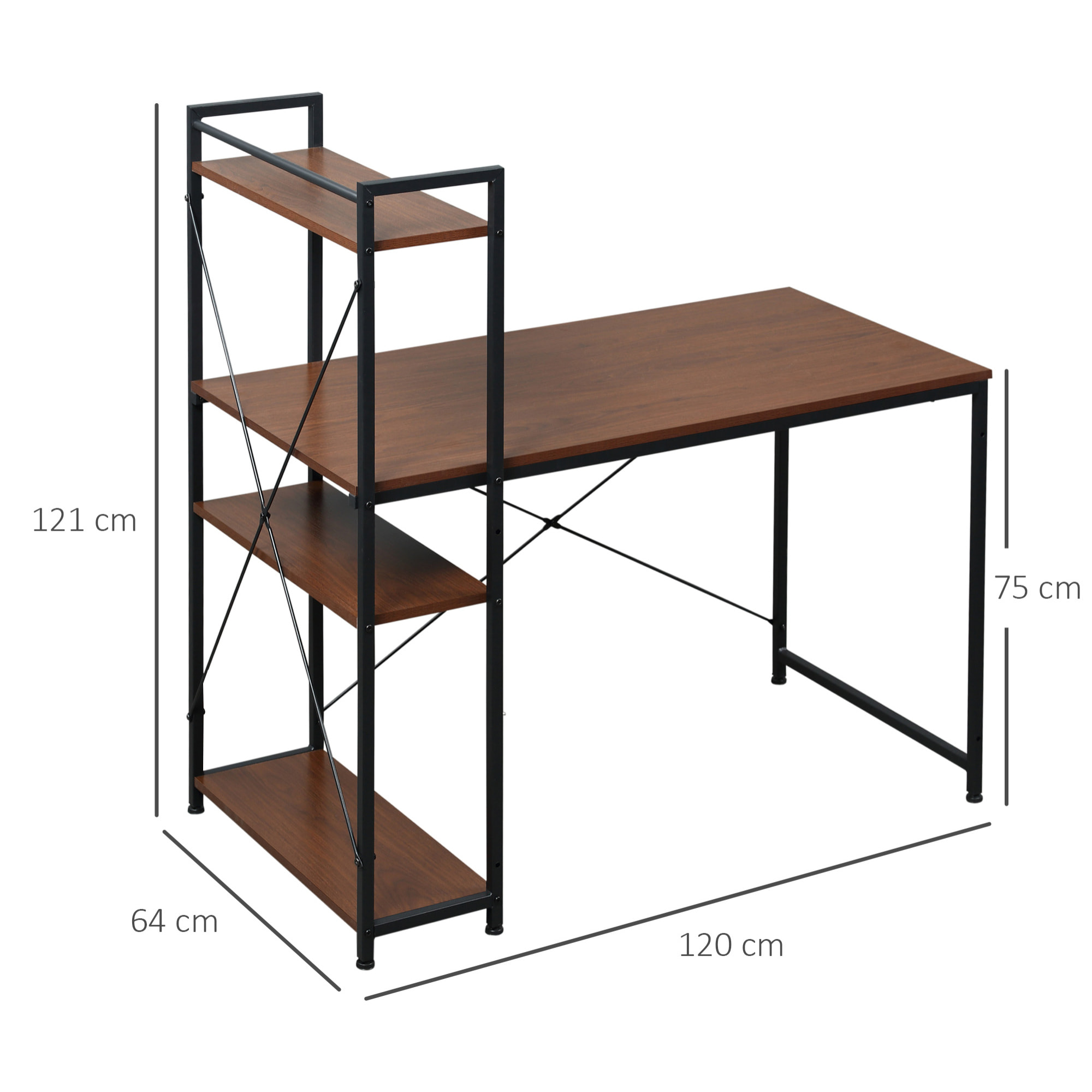 Bureau informatique design industriel avec bibliothèque 3 étagères panneaux particules aspect noyer métal noir