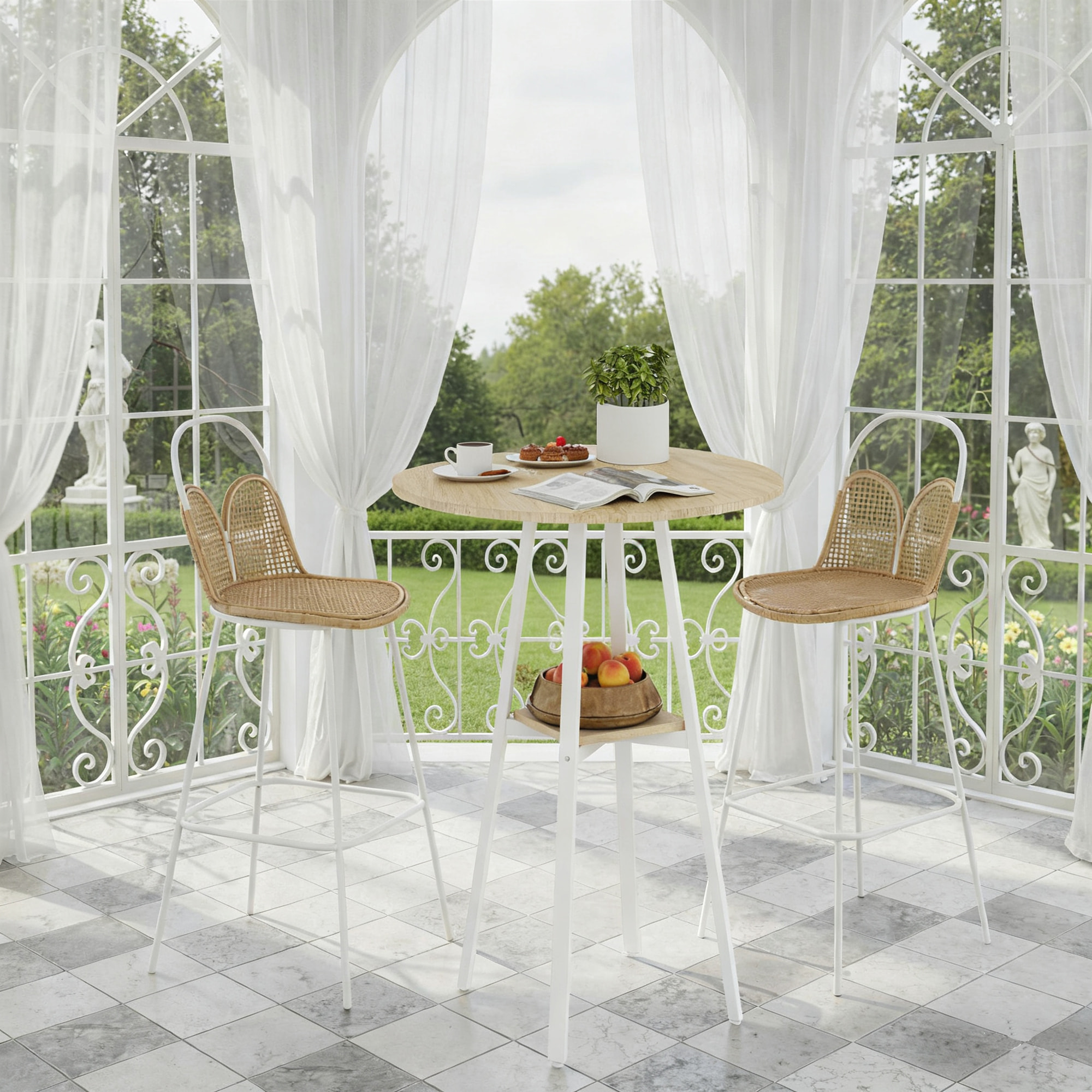 Mesa Alta Cocina Redonda con Estante de Almacenamiento, Mesa Alta Bar Moderna para 2 Personas con Marco de Metal para Salón y Comedor, 55x55x95 cm, Madera Natural y Blanco