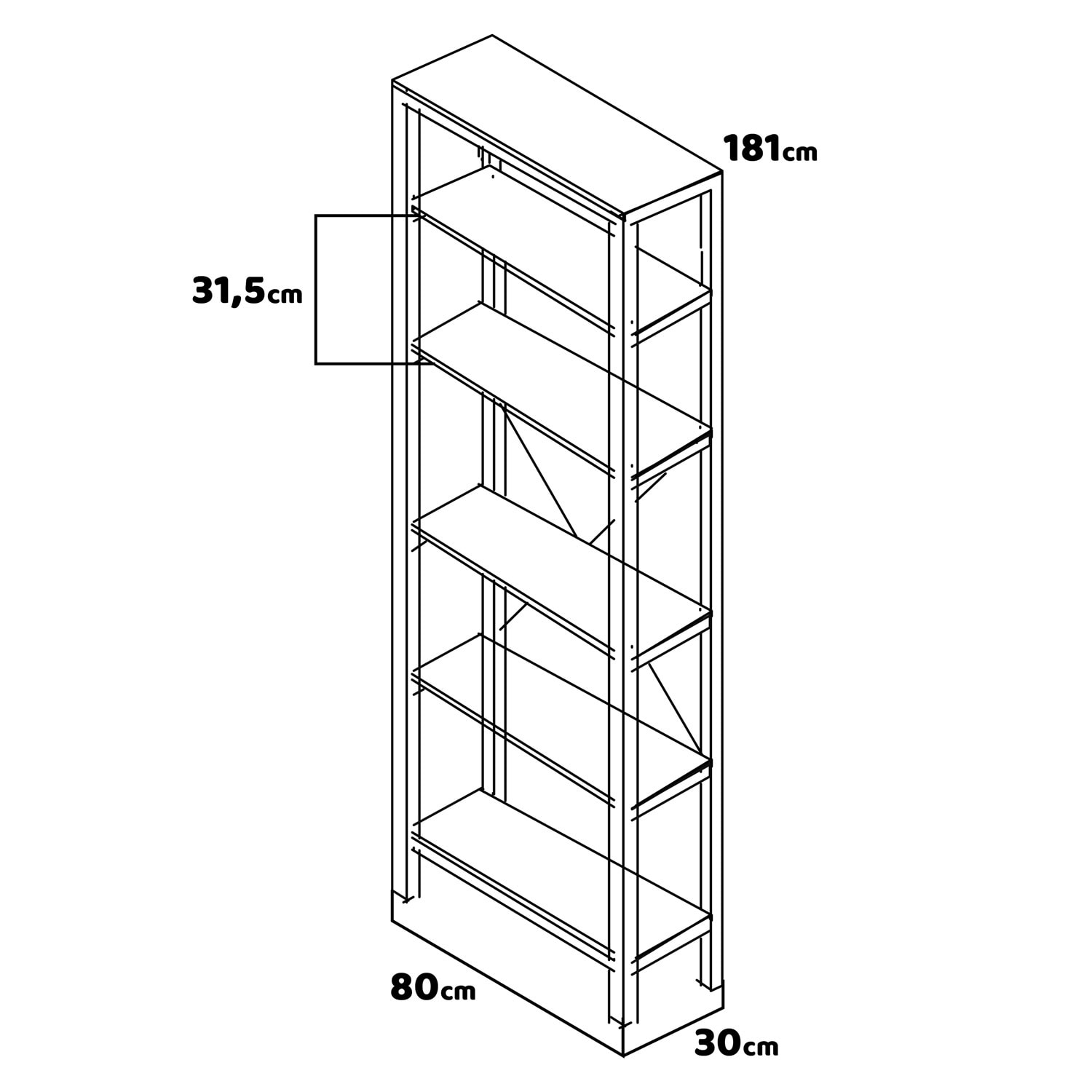 Ganbaru - Libreria scaffale a 6 ripiani in stile industriale, 80x30xH180 cm