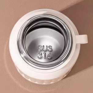 Termo MD-K933 de 300 ml con sellado antifugas, colador para infusiones y tapa convertible en vaso. Incluye apertura de 180°, cordón desmontable y excelente conservación térmica.