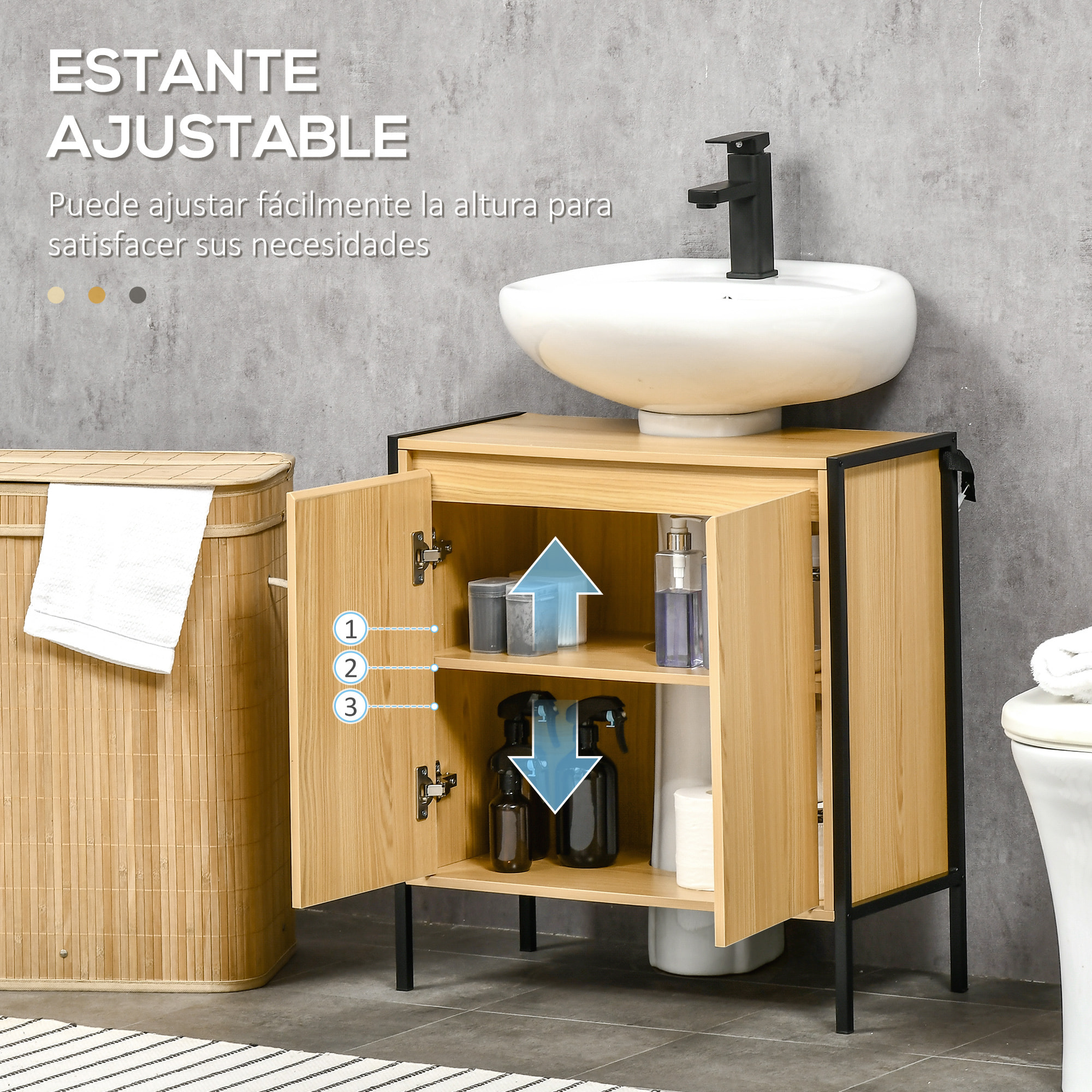 Mueble para Debajo del Lavabo Armario de Suelo para Baño de Madera con 2 Puertas y Estante Ajustable Interior Estilo Industrial Antivuelco 60x30x65,2 cm Roble