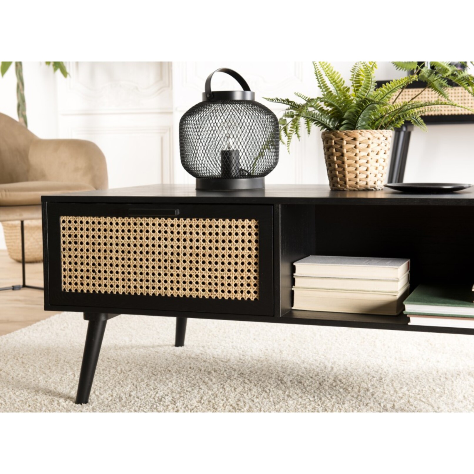 ANGELO - Table basse noire bois 2 tiroirs cannage 1 niche