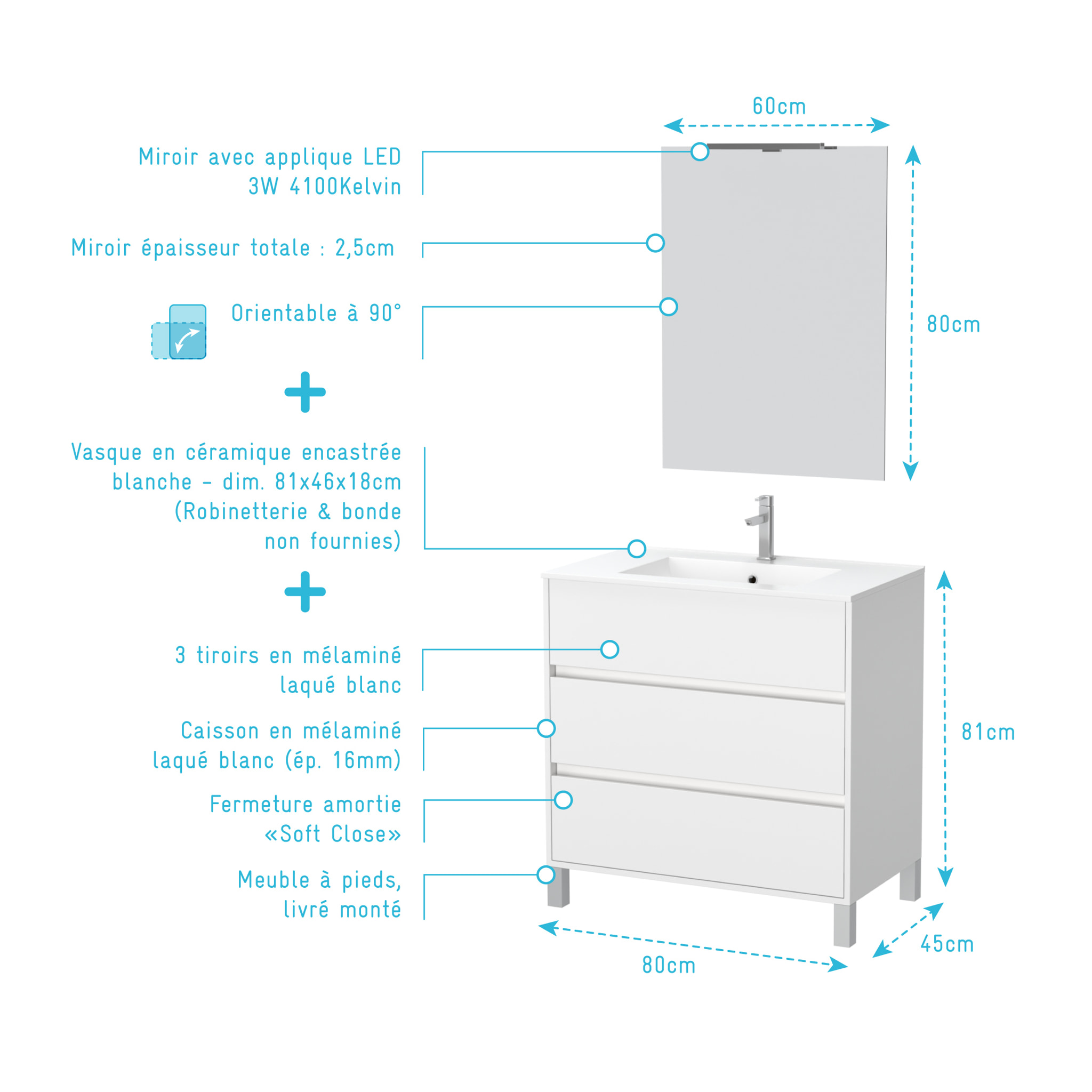 Pack Meuble Salle de Bains 80cm Blanc 3 Tiroirs, Vasque, Miroir 60x80 et réglette Led - XENOS