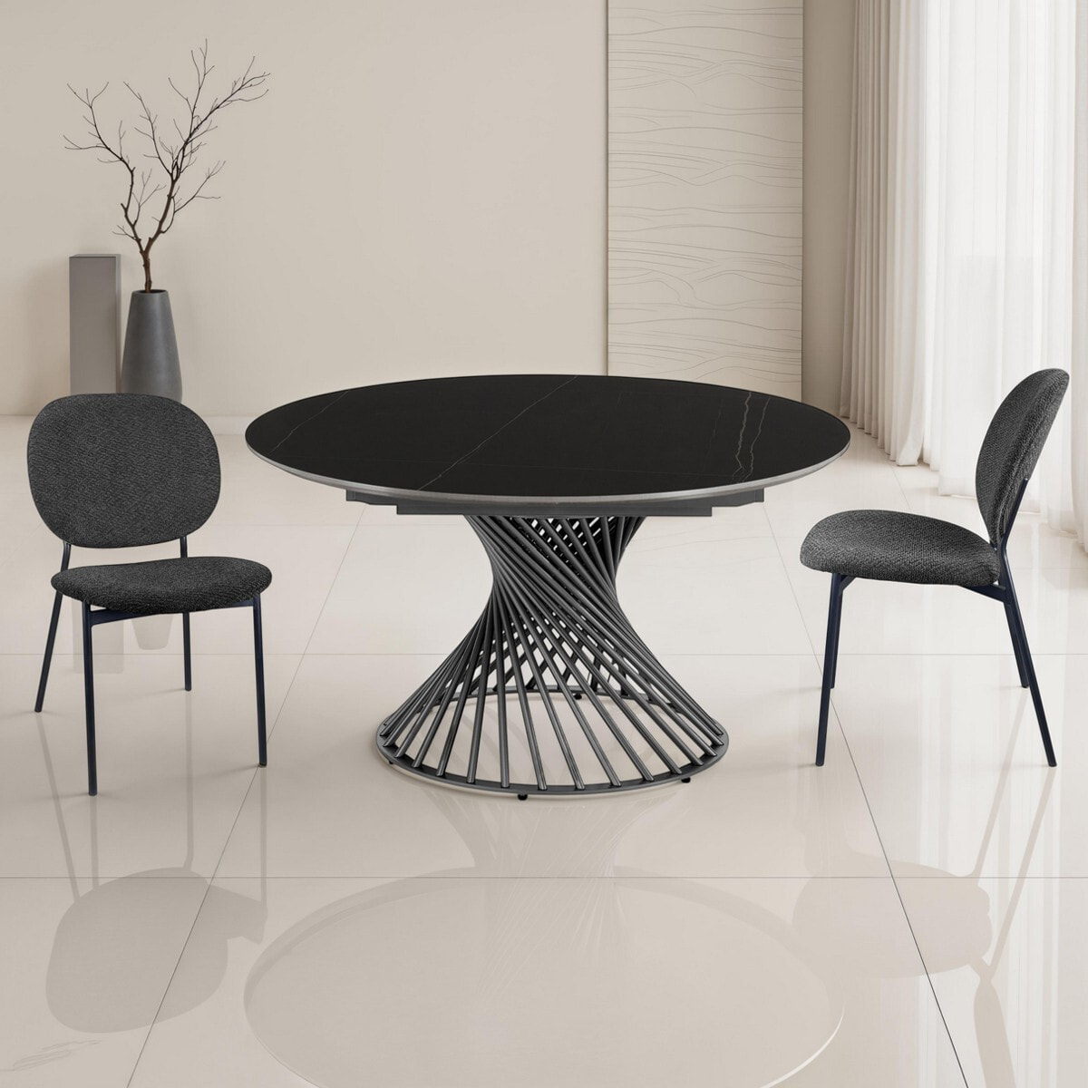 Table à manger ronde extensible Tomasucci JORUM, céramique effet marbre noir, piètement gris, Ø 120/180 cm