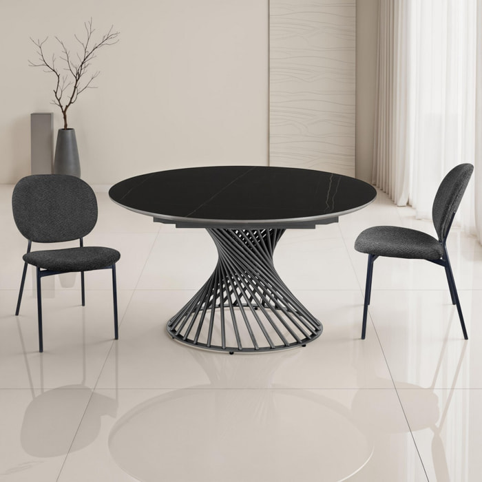 Table à manger ronde extensible Tomasucci JORUM, céramique effet marbre noir, piètement gris, Ø 120/180 cm